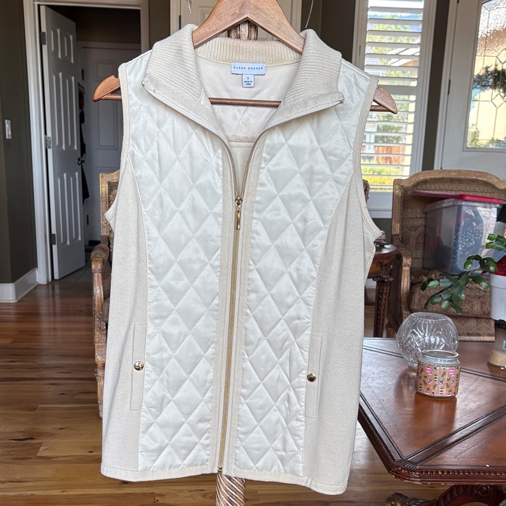 Susan Graver Cream Quilted Vest with Gold Accents